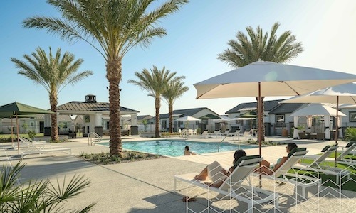 resort style pool with seating palm trees and a building behind it